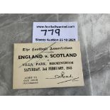 1945 England v Scotland Football Ticket: Refreshment ticket dated 3 2 1945 for the match played at