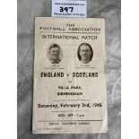 1945 England v Scotland Football Programme: Played at Aston Villa in fair condition with creasing