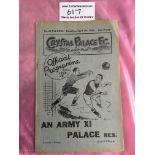 35/36 Crystal Palace Reserves v Army X1 Football Programme: Good condition 4 pager with no team