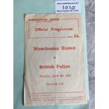 58/59 Manchester United Reserves v British Police Football Programme: Single sheet dated 6 4 1959 in