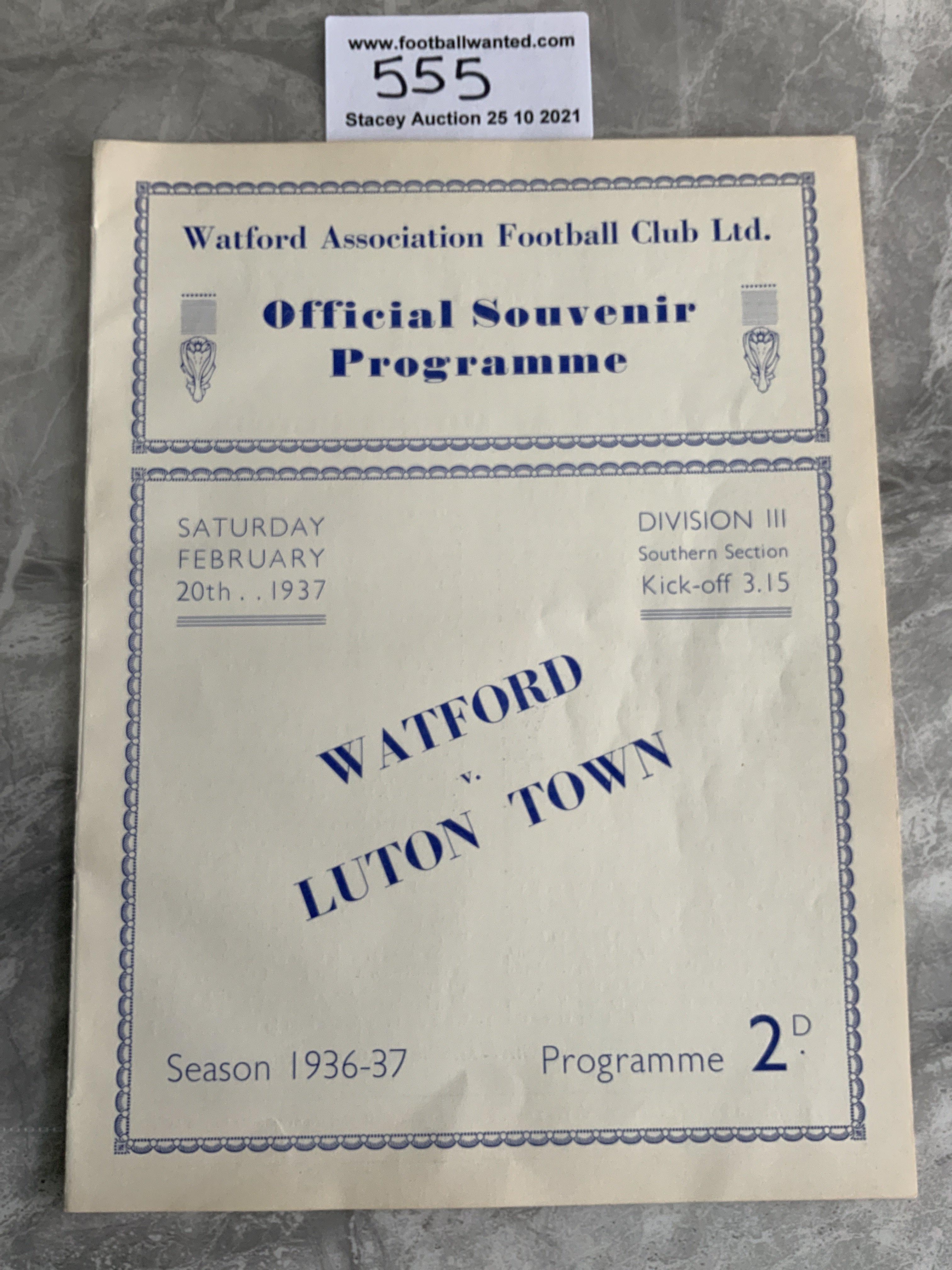 36/37 Watford v Luton Town Football Programme: Excellent division three 12 pager with no team