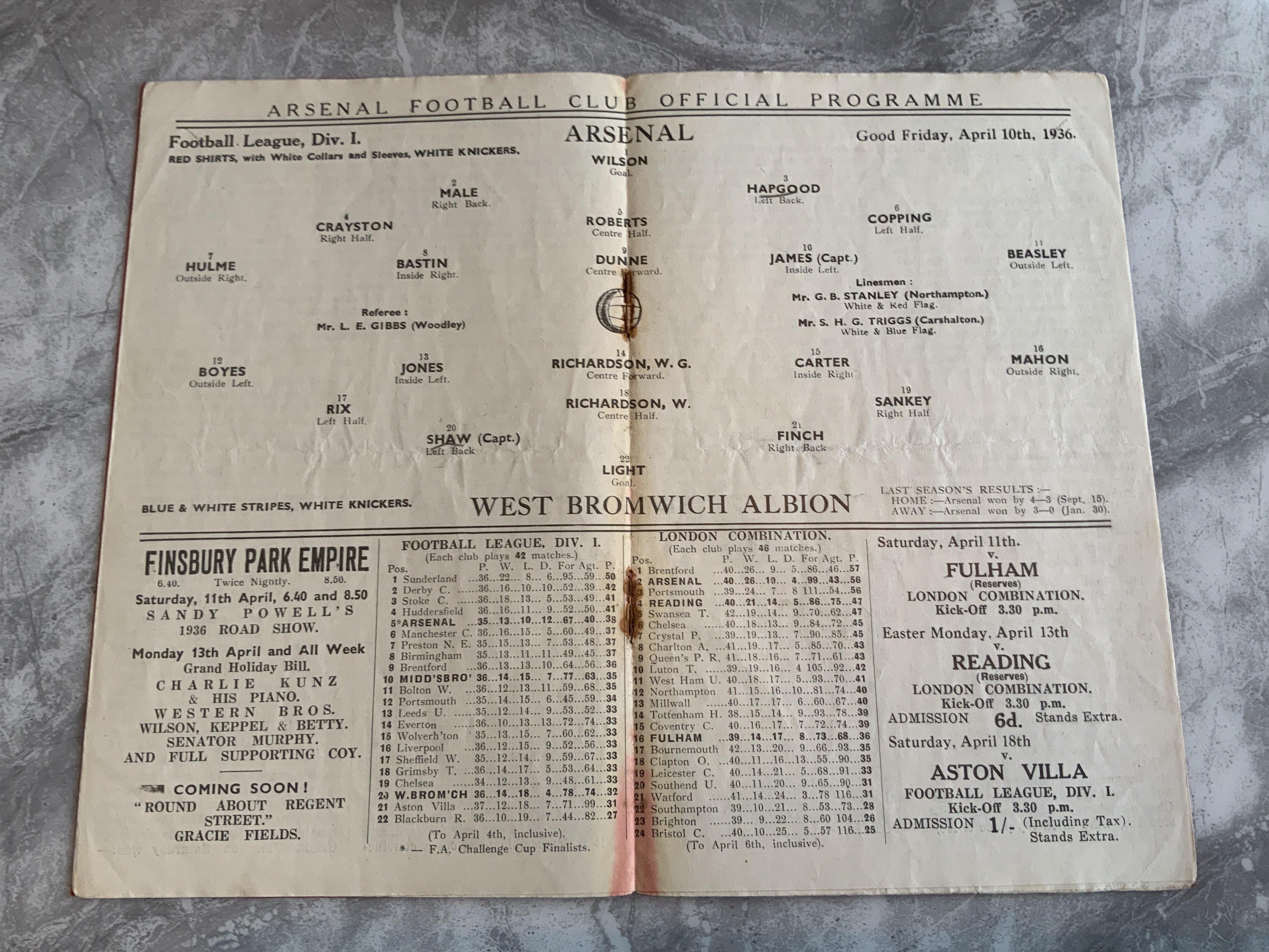 35/36 Arsenal v West Brom Football Programme: Good condition with no team changes. Rusty staples - Image 2 of 2