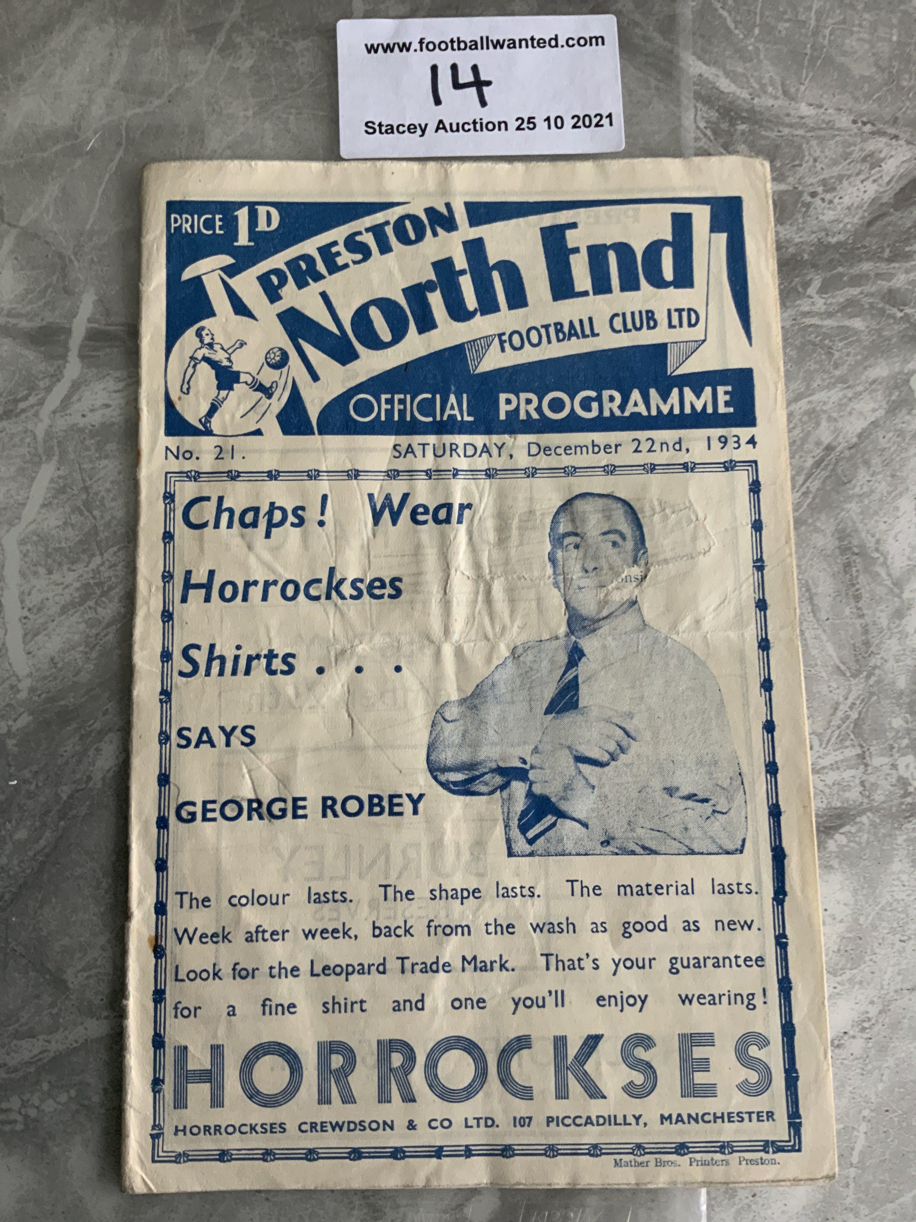 34/35 Preston North End v West Brom Football Programme: Fair condition with rusty staples holding