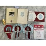 West Ham Football Memorabilia: 3 different rosettes, Wally St Pier Testimonial programme signed by