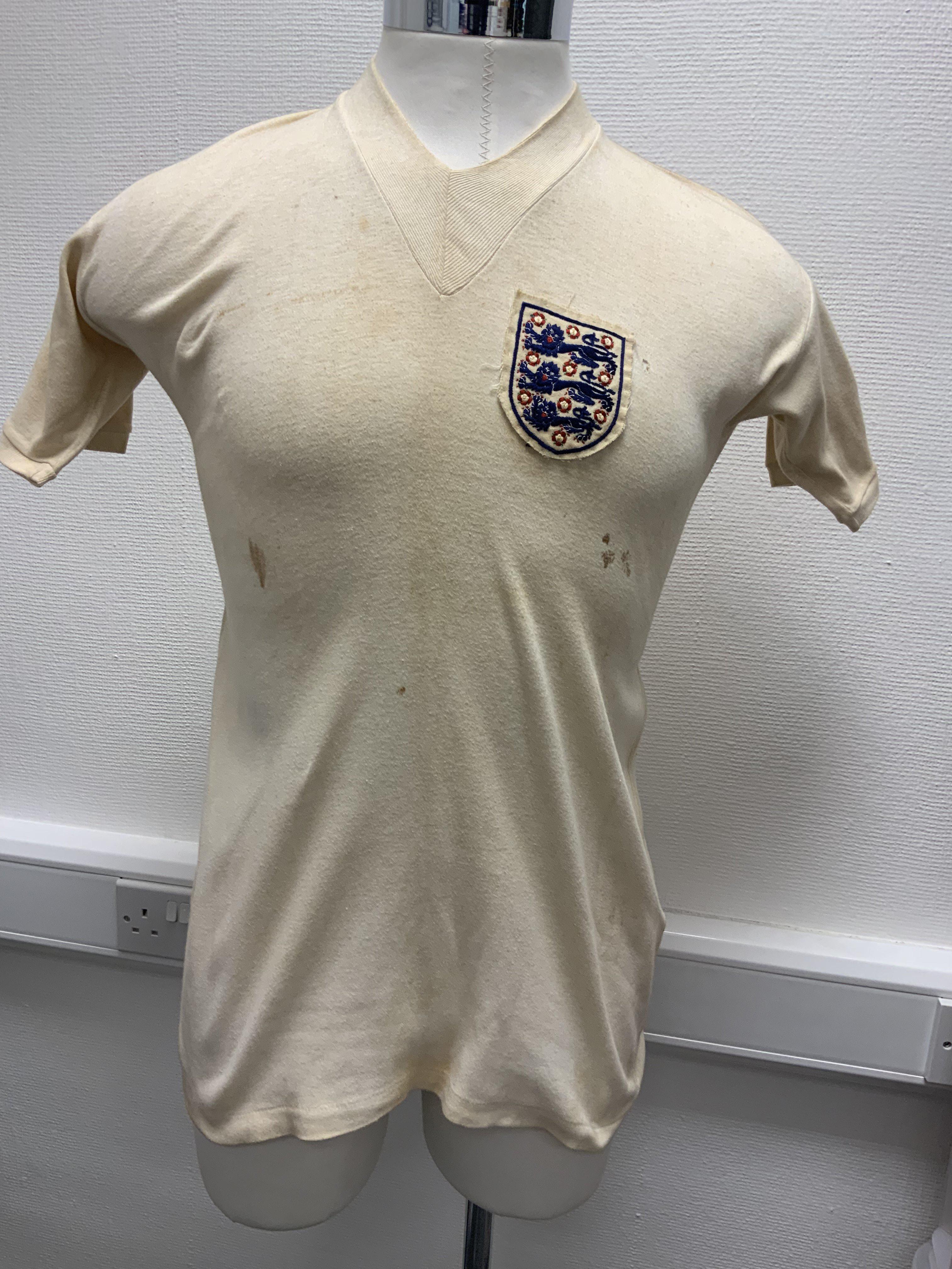 1950s Maurice Setters England Youth Match Worn Football Shirt: White short sleeve with 3 Lions