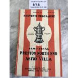 1938 FA Cup Semi Final Football Programme: Preston v Aston Villa at Sheffield United. Good condition