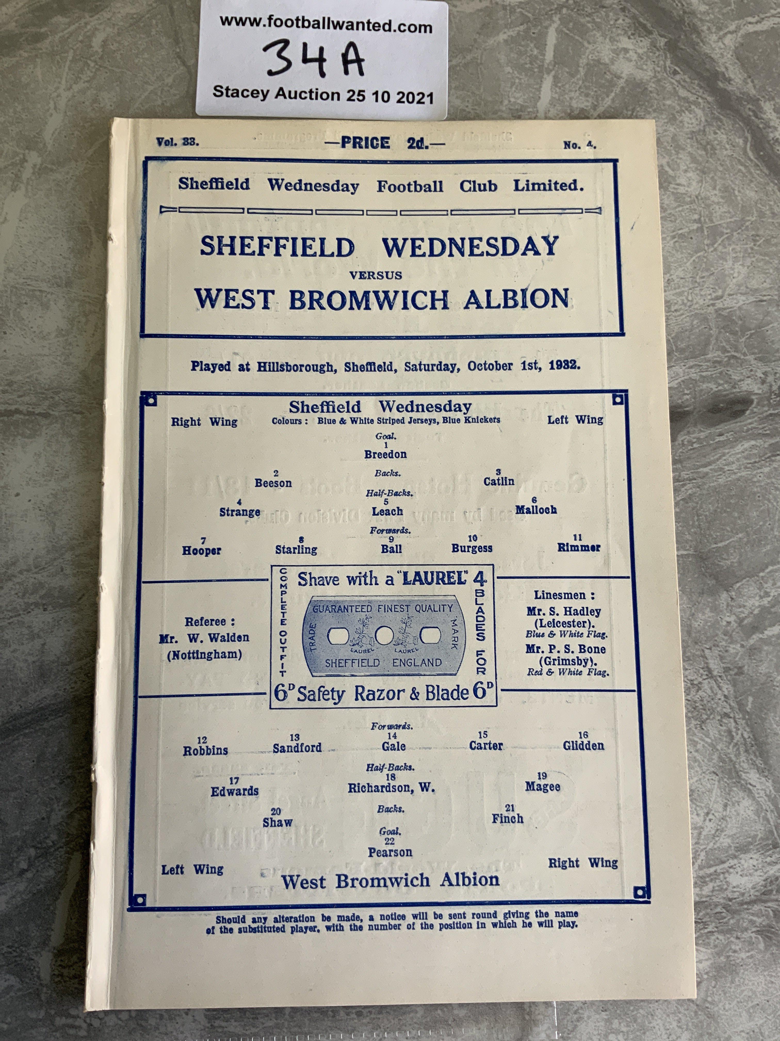 32/33 Sheffield Wednesday v West Brom Football Programme: Ex bound in excellent condition with no