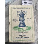 1955 FA Cup Semi Final Football Programme: York City v Newcastle United played at Hillsborough.