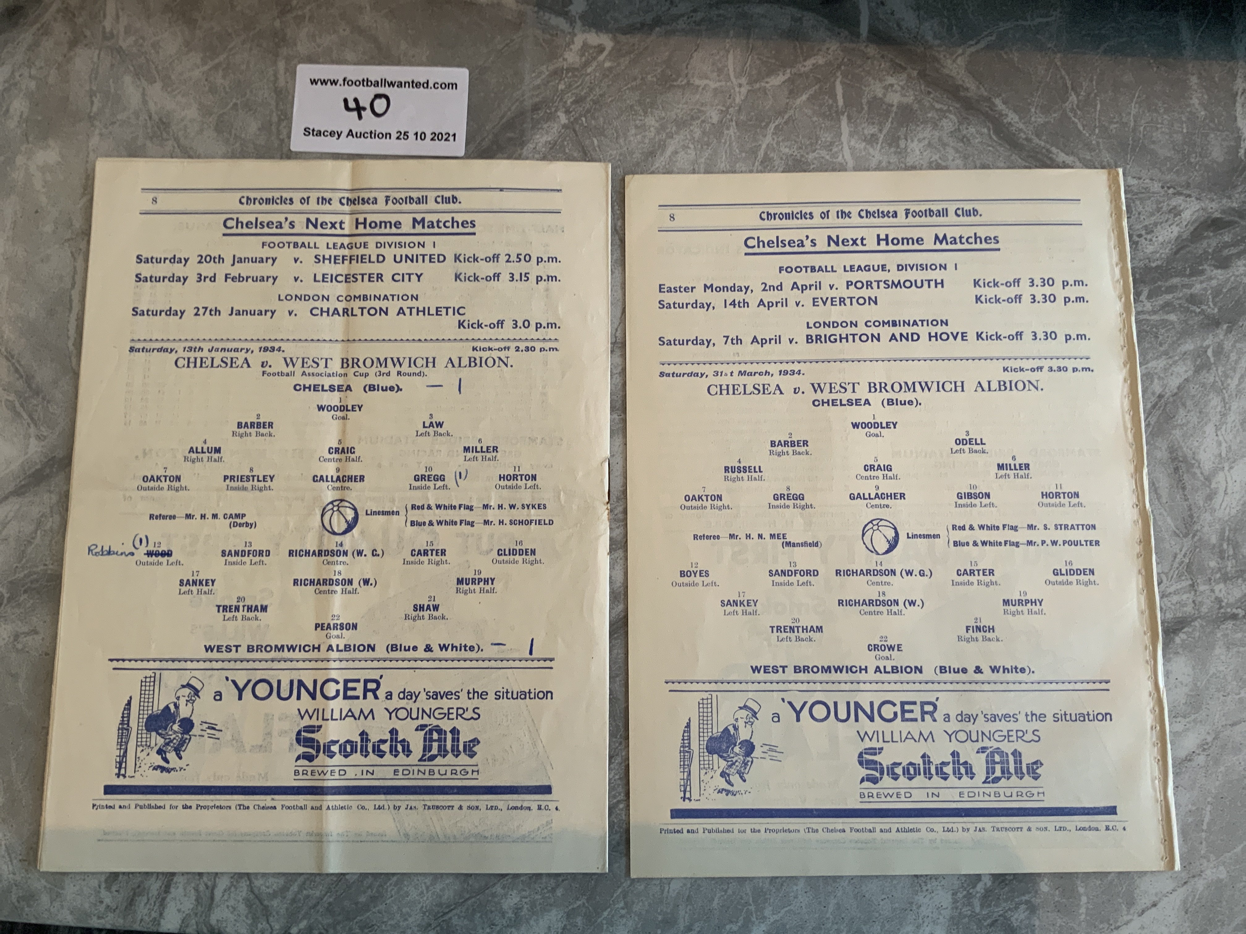 33/34 Chelsea v West Brom Football Programmes: FA Cup match has a team change and score noted. - Image 2 of 2