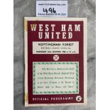 62/63 West Ham v Notts Forest Postponed Football Programme: Couple of ex tape marks to spine. No