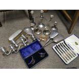 A selection of sterling silver weighted items and a Collection of silver plated and pewter items.