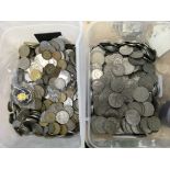 2 boxes of coinage etc (1 box pre 1976) approx 7000g, 1 bag of early decimal coinage, 1 bag of mixed
