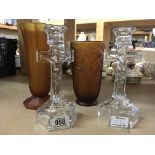 A pair of Art Deco style amber glass vases with fo