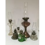 A copper oil lamp and other glass oil lamps (a lot