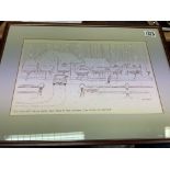 A framed comical ink sketch, signed Payton for Mik