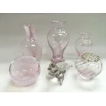 Six pieces of glassware including a Wedgwood figur