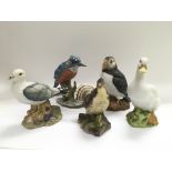 Five unglazed figures of birds comprising a Puffin