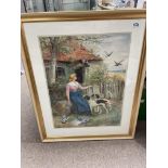 A gilt framed watercolour depicting a maiden feedi