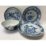 4 early blue and white Chinese bowls, some damage.