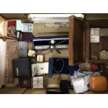 A box of costume jewellery including dress watches