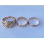 Two 9ct gold rings & a 9ct gold weave design ring.