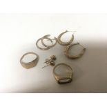 Two 9carat gold rings and three pairs of 9carat ea
