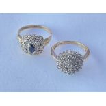 Two 9ct gold diamond cluster rings. Approx 7g.