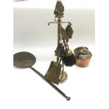 A vintage brass companion set, a Victorian cream skimmer and a Drew & Sons Victorian picnic