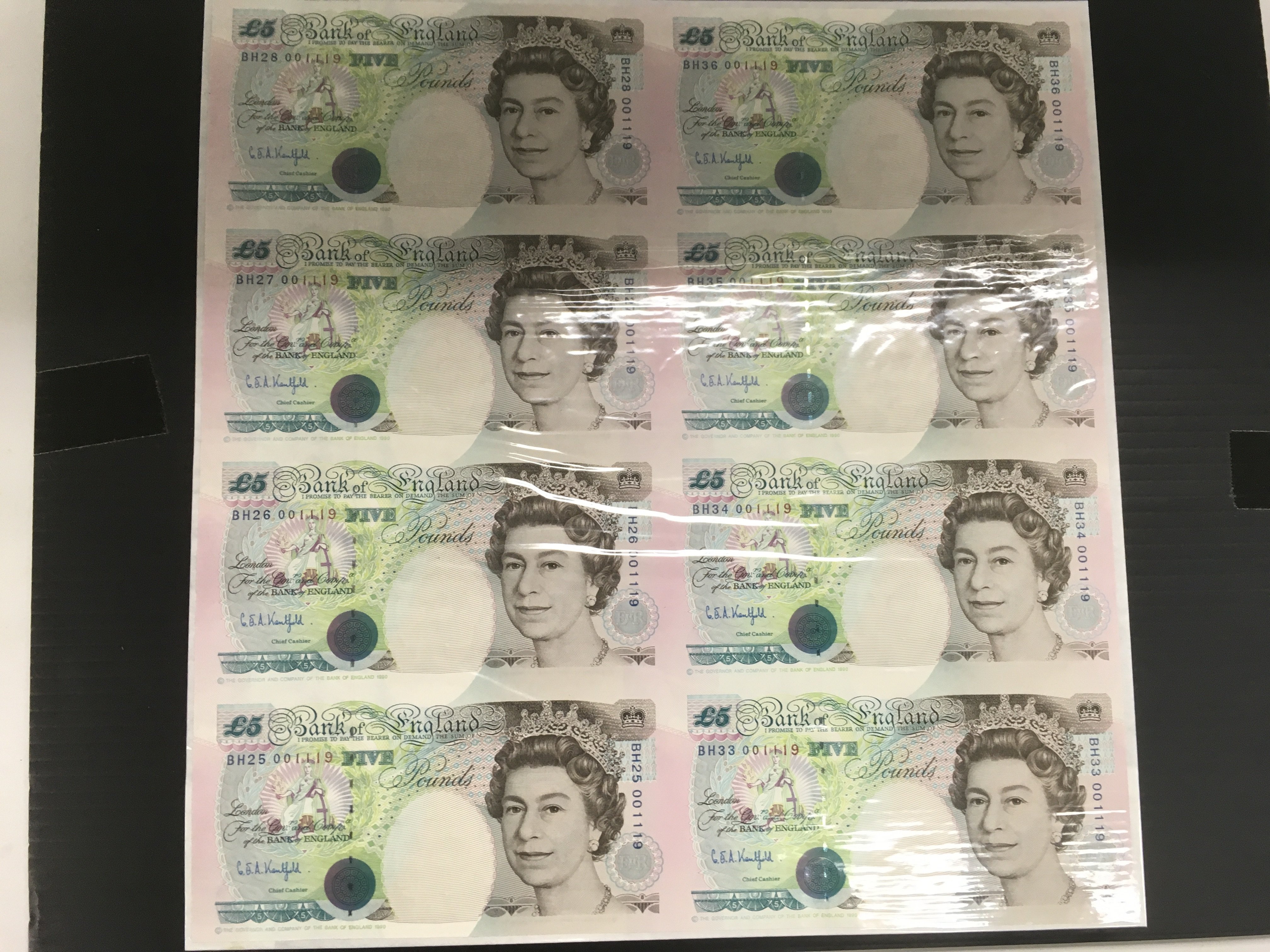 Bank of England uncut sheet of eight Kentfield Â£5