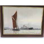 An oil on canvas by John Cotgrove of a sailing boa