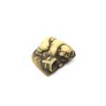 A Japanese carved ivory netsuke of a recumbent gen