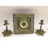 A Richard & Co of Paris brass framed clock garniture, height of clock approx 22cm.