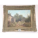 A framed oil painting study of rural farm house in