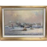 A gilt framed Colin Moore oil on canvas of boats on the River Thames, approx 55cm x 40cm.