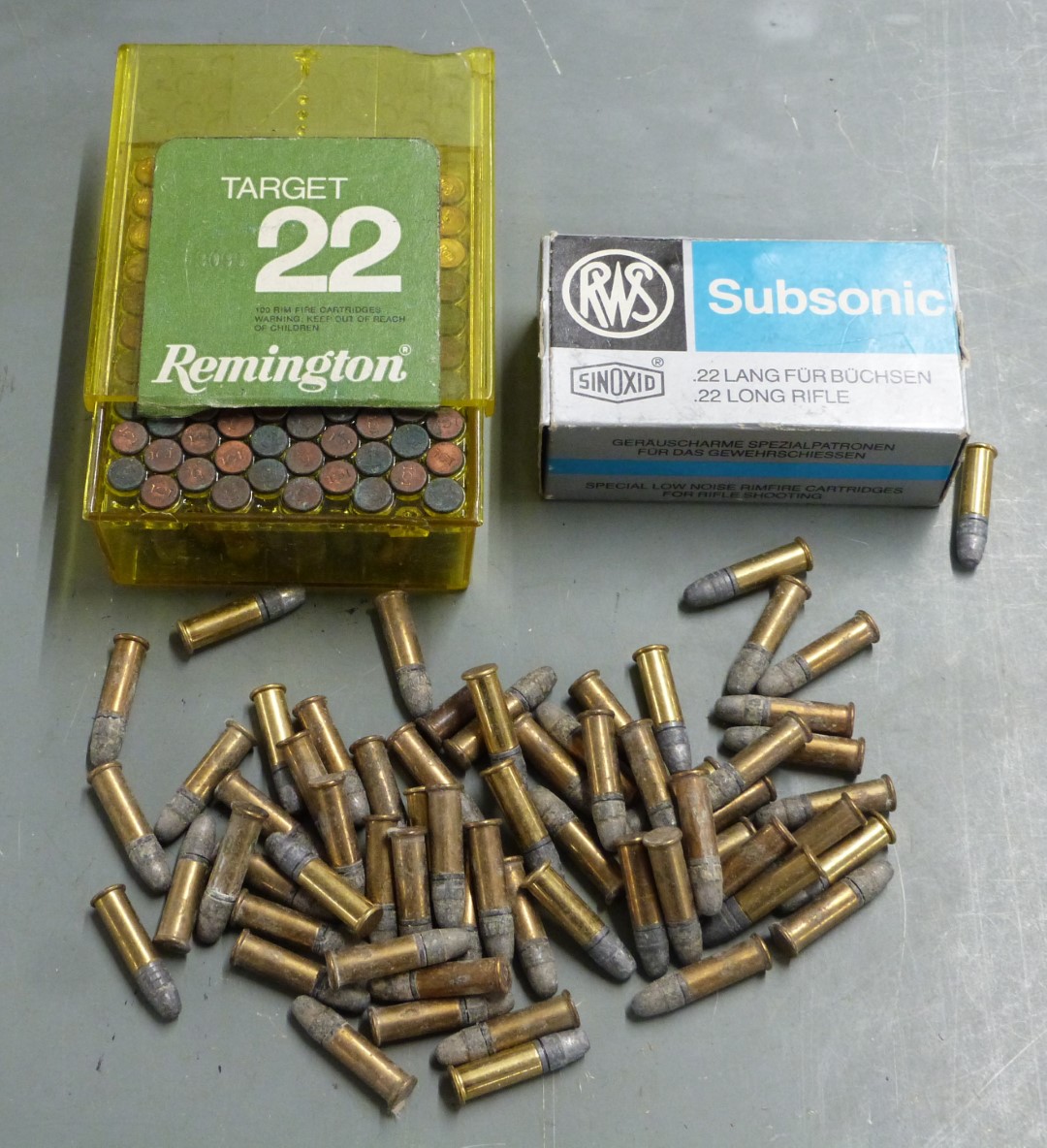 One-hundred-and-seventy-four .22 rifle cartridges including Remington and RWS Subsonic, some in