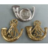 Three British Army Glengarry badges for the 52nd Regiment of Foot, 90th Regiment of Foot and