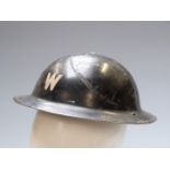 British Home Front warden's steel helmet stamped B.M.R 1939 and hand painted E Flemming B I St