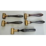 Five brass adjustable shot and powder measures all with turned wooden handles, one by G & J W