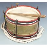 A military style side drum with sticks, diameter 31cm