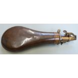 Copper and brass powder flask with nozzle marked M Marsh Sheffield and body stamped Bartram & Co,