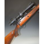 Sako L579 .308 bolt-action rifle with chequered semi-pistol grip and forend, raised cheek piece,