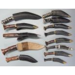 Thirteen kukris some G K & Co Nepal, all with sheaths, largest blade 20cm. PLEASE NOTE ALL BLADED
