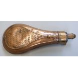 G & JW Hawksley copper and brass powder flask with embossed decoration, 20cm long