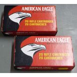 Ten American Eagle .308 Win rifle cartridges together with 15 empty cases, in two original boxes.