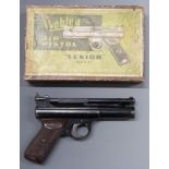 Webley Senior .177 air pistol with named and chequered Bakelite grips and adjustable sights,