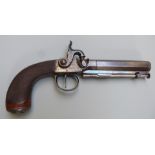 James of London percussion hammer action pistol with engraved locks, trigger guard, butt plate and