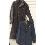 Royal Air Force greatcoat and tunic with navigator's badge, together with a tropical issue tunic