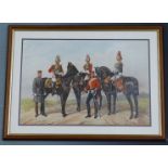 Five framed military prints including 'Blues and Royals', two pictures taken from 'Boys Own