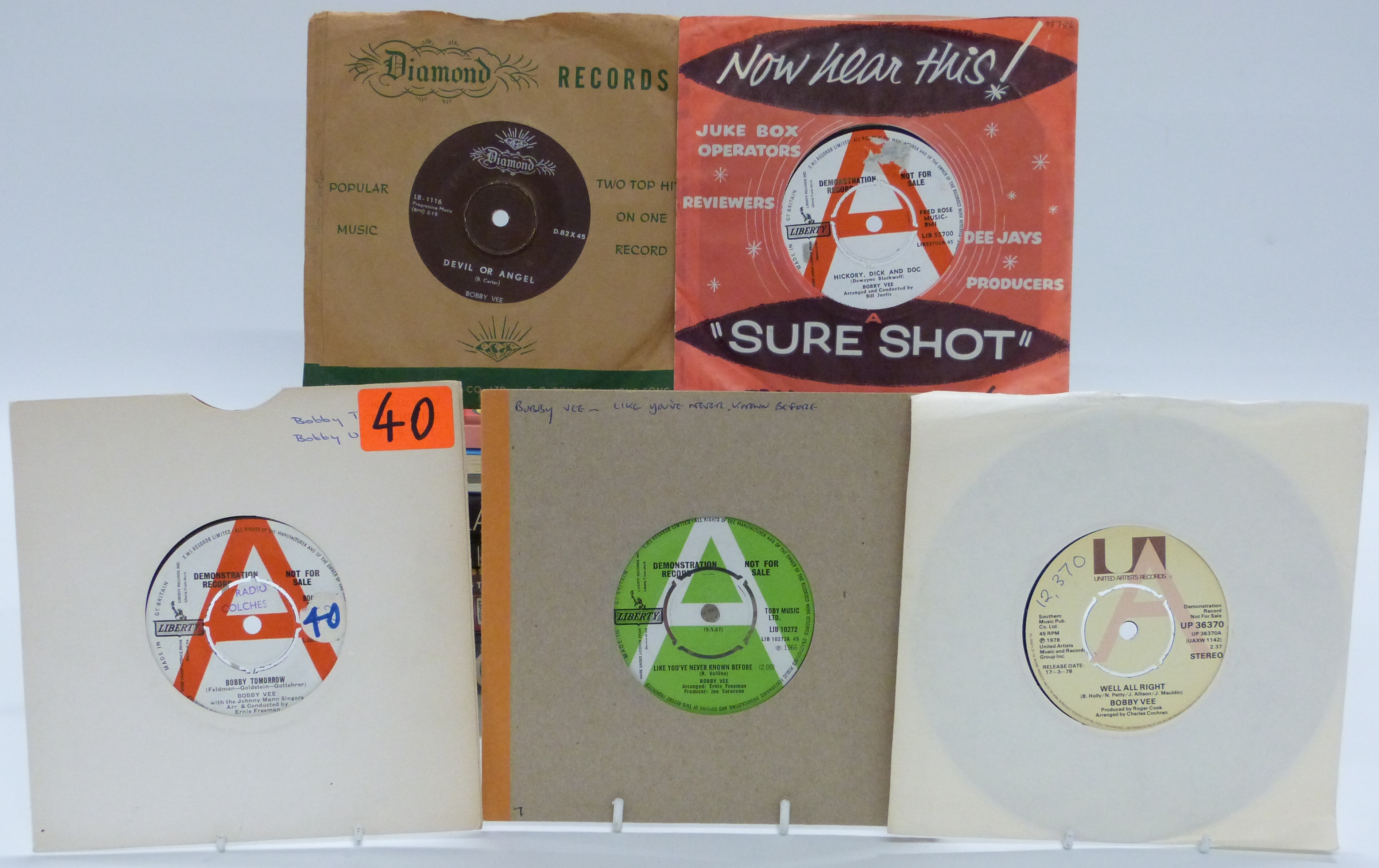 Bobby Vee - 46 singles including three Liberty demos and Devil Or Angel (D82 x 45) Hong Kong issue