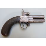 English double barrelled over and under percussion hammer action pistol with engraved lock,